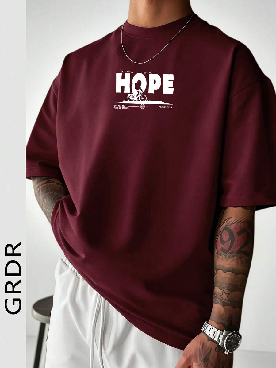 GRDR Camiseta de manga corta de cuello redondo con eslogan de actitud curativa casual para hombre, verano - Burdeos - Ver 1