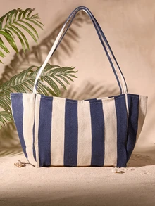 Tropiscape Túi tote vải kẻ sọc phong cách retro, thời trang Hàn Quốc, túi đeo vai rộng rãi, thoải mái dành cho nữ, phù hợp cho du lịch và kỳ nghỉ, đựng đồ dùng học tập, cặp sách, túi xách đi học, túi tote đi học, cặp sách đi học, túi đựng đồ đi học, dung tích lớn, nhẹ, dễ mang theo, có thể gấp gọn, phong cách cổ điển, phù hợp cho nữ sinh, sinh viên đại học, hoàn hảo cho mùa tựu trường, ngày đầu tiên đi học, mua sắm, kỳ nghỉ, đi biển, túi tote đi học, đồ dùng cần thiết cho đại học, đồ dùng cần thiết cho kỳ nghỉ, túi đi biển, phong cách nghỉ dưỡng mùa hè, trang phục mùa hè. - Màu xanh lam - Xem 2
