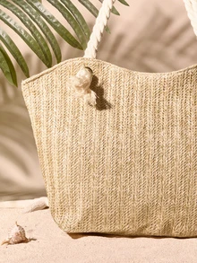 Tropiscape Summer Beach Vacation Stylish Large Capacity Straw Tote Bag, Fashionable Casual Shoulder Bag Cottagecore,SummerOutfit - Light Khaki - View 5