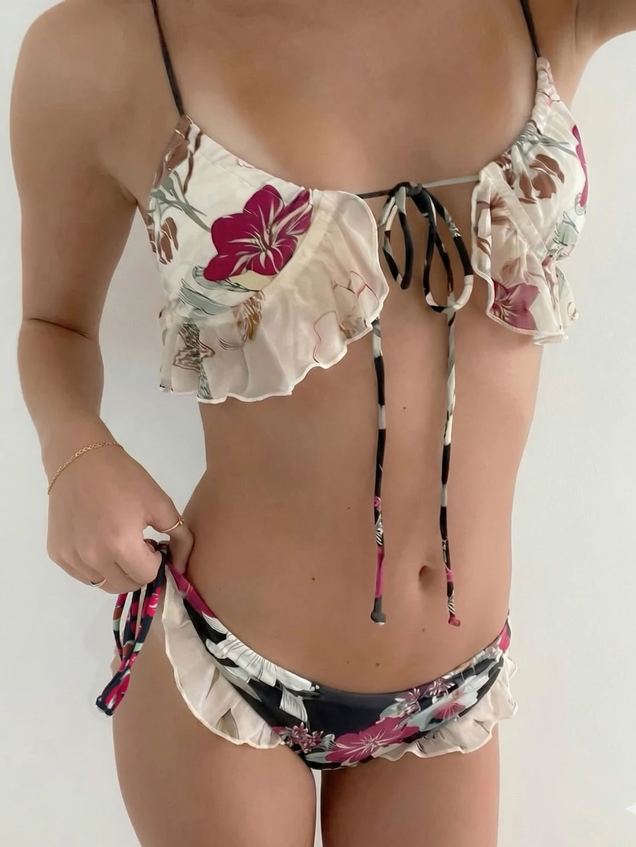 新款花卉印花拼接細肩帶前開兩件式泳衣女款,時尚性感海灘泳池派對度假夏季 - 彩色 - 查看 1