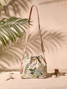 Tropiscape 1pc Fashionable Portable Commuting Drawstring Retro Bucket Bag With Floral Pattern, Simple Shoulder & Crossbody Bag, Suitable For Women Daily Use Cottagecore,SummerOutfit - Multicolor - View 2