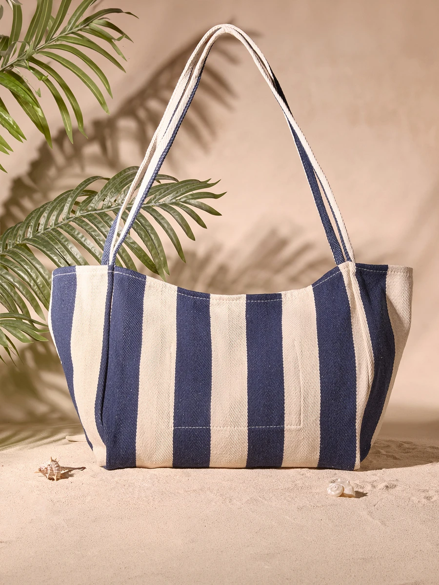Tropiscape Túi tote vải kẻ sọc phong cách retro, thời trang Hàn Quốc, túi đeo vai rộng rãi, thoải mái dành cho nữ, phù hợp cho du lịch và kỳ nghỉ, đựng đồ dùng học tập, cặp sách, túi xách đi học, túi tote đi học, cặp sách đi học, túi đựng đồ đi học, dung tích lớn, nhẹ, dễ mang theo, có thể gấp gọn, phong cách cổ điển, phù hợp cho nữ sinh, sinh viên đại học, hoàn hảo cho mùa tựu trường, ngày đầu tiên đi học, mua sắm, kỳ nghỉ, đi biển, túi tote đi học, đồ dùng cần thiết cho đại học, đồ dùng cần thiết cho kỳ nghỉ, túi đi biển, phong cách nghỉ dưỡng mùa hè, trang phục mùa hè. - Màu xanh lam - Xem 1