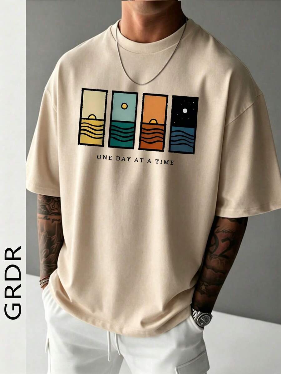 GRDR 男士夏季极简主义治愈系插画印花舒适百搭休闲T恤 - 杏色 - 查看 1