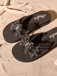 Tropiscape European And American Women Flat Sandals, Beach Flip Flops, Butterfly And Flower Rhinestone Decoration Home Slippers Fashionable And Cottagecore,SummerOutfit - Black - View 4