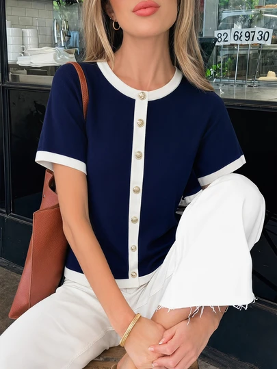 Knit Mix Elegante suéter de punto con cuello redondo, manga corta y decoración de botones con lunares, para mujer, estilo casual, primavera/verano
