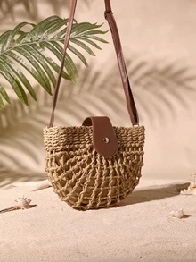 Tropiscape Hollow Out Design Straw Bag, Beach Essentials Women Bags For Vacation & Holiday, Wicker Bag, Summer Straw Beach Bag For Women, Vacation Essentials, Perfectly Matching With Beach Accessories Women, Newest Holiday Bag, Hottest Beach Bags Cottagecore,SummerOutfit - Khaki - View 4