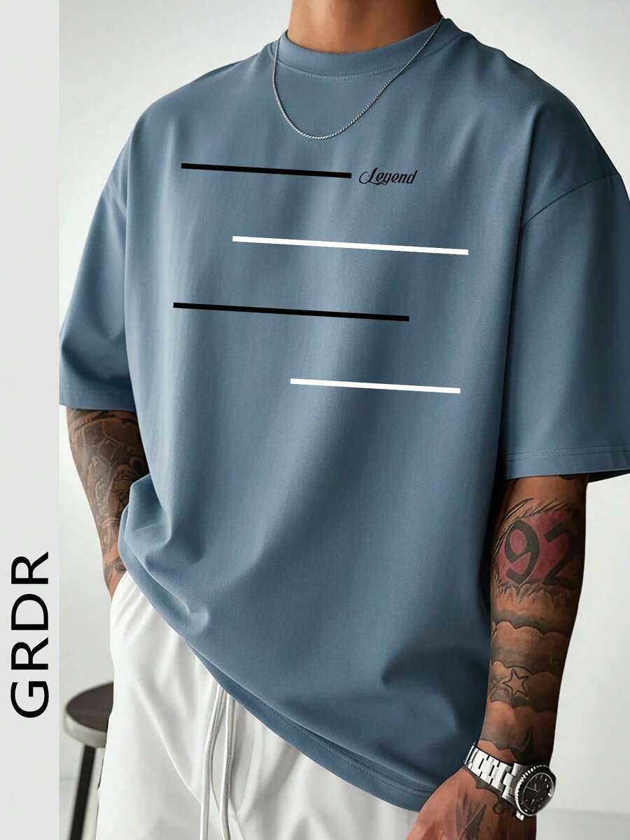 GRDR Men's Summer Casual Healing Style Line Print Round Neck Short Sleeve T-Shirt - Dusty Blue - View 1