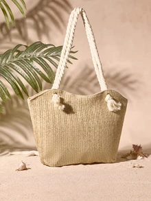 Tropiscape Summer Beach Vacation Stylish Large Capacity Straw Tote Bag, Fashionable Casual Shoulder Bag Cottagecore,SummerOutfit - Light Khaki - View 2
