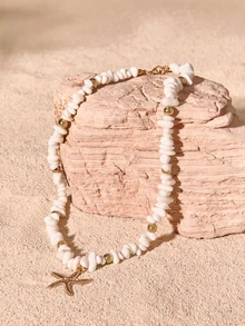 Tropiscape 1 pieza Collar con cuentas de turquesa y colgante de estrella de mar metálica, adecuado para uso diario y de viaje de mujer, estilo Cottagecore, atuendo de verano - turquesa blanca + estrella de mar - Ver 4