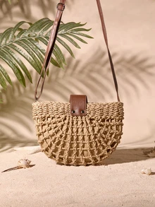 Tropiscape Hollow Out Design Straw Bag, Beach Essentials Women Bags For Vacation & Holiday, Wicker Bag, Summer Straw Beach Bag For Women, Vacation Essentials, Perfectly Matching With Beach Accessories Women, Newest Holiday Bag, Hottest Beach Bags Cottagecore,SummerOutfit - Khaki - View 3