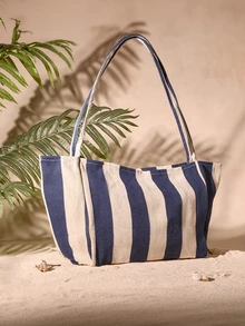 Tropiscape Túi tote vải kẻ sọc phong cách retro, thời trang Hàn Quốc, túi đeo vai rộng rãi, thoải mái dành cho nữ, phù hợp cho du lịch và kỳ nghỉ, đựng đồ dùng học tập, cặp sách, túi xách đi học, túi tote đi học, cặp sách đi học, túi đựng đồ đi học, dung tích lớn, nhẹ, dễ mang theo, có thể gấp gọn, phong cách cổ điển, phù hợp cho nữ sinh, sinh viên đại học, hoàn hảo cho mùa tựu trường, ngày đầu tiên đi học, mua sắm, kỳ nghỉ, đi biển, túi tote đi học, đồ dùng cần thiết cho đại học, đồ dùng cần thiết cho kỳ nghỉ, túi đi biển, phong cách nghỉ dưỡng mùa hè, trang phục mùa hè. - Màu xanh lam - Xem 3