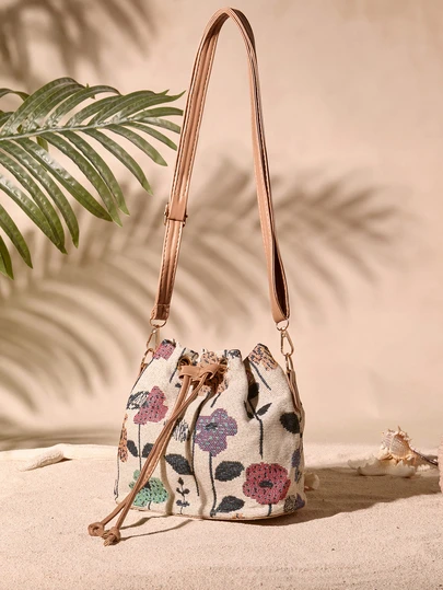 Tropiscape Túi đeo vai mini kiểu Trung Quốc mới, túi đeo vai thư pháp, túi xô in họa tiết retro cho nữ, túi xách thời trang thường ngày, túi tote mùa xuân, phong cách đồng quê biển, trang phục mùa hè.
