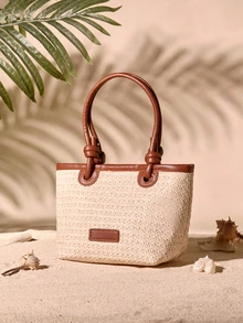 Tropiscape 2024 New Women's Woven Shoulder Crossbody Bag, Large Capacity Beach Vacation Bag, Handheld Commuter Female Bag, Holiday, Woven Bag Cottagecore,SummerOutfit - Beige - View 4