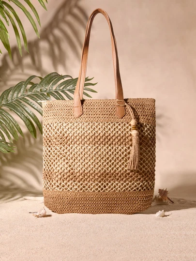 Tropiscape 1pc Fashionable Casual Bohemian Vacation Style Large Capacity Striped Colorblock Paper Woven Tote Bag, Decorated With Dual-Color Tassels And Zipper, Women's Beach Bag, Suitable For Travel, Daily Commute, Work And Stylish Outfits, Boho Chic Cottagecore,SummerOutfit