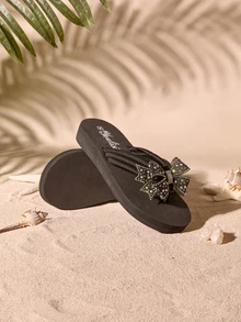 Tropiscape European And American Women Flat Sandals, Beach Flip Flops, Butterfly And Flower Rhinestone Decoration Home Slippers Fashionable And Cottagecore,SummerOutfit - Black - View 2