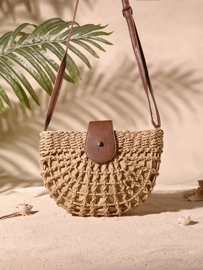 Tropiscape Bolso de paja con diseño calado, bolso esencial para mujer para vacaciones y días festivos, bolso de mimbre, bolso de playa de paja de verano para mujer, esenciales para vacaciones, combina perfectamente con accesorios de playa para mujer, el bolso de vacaciones talla grande nuevo, los bolsos de playa talla grande populares Cottagecore, atuendo de verano