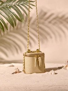 Tropiscape Woven Texture Handle Box-Shaped Handbag, Women's Spring/Summer New Fashion Chain Crossbody Small Square Bag, Versatile Beach Holiday Purse, Woven Bag Cottagecore,SummerOutfit - Khaki - View 3