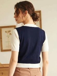 Knit Mix Áo len nữ tay ngắn cổ bẻ phối màu đen trắng, thanh lịch, thời trang xuân hè, thích hợp mặc đi làm hàng ngày hoặc công sở. - trắng - Xem 2
