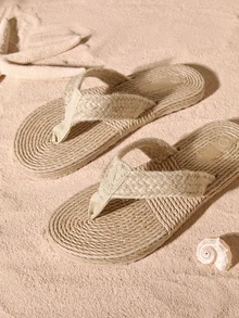 Tropiscape Women's Fashionable Khaki-Colored Summer Shoe, Woven Patterned Flat Sandal, Casual Beach Lady Slipper, Natural Flatform, Flip Flop Cottagecore - Khaki - View 5