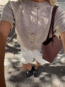 女士极简优雅性感森系学院风针织上衣，春夏款 - 棕色 - 查看 6