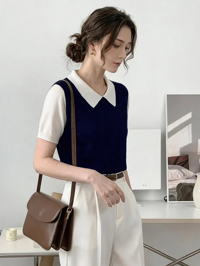 Knit Mix Áo len nữ tay ngắn cổ bẻ phối màu đen trắng, thanh lịch, thời trang xuân hè, thích hợp mặc đi làm hàng ngày hoặc công sở.