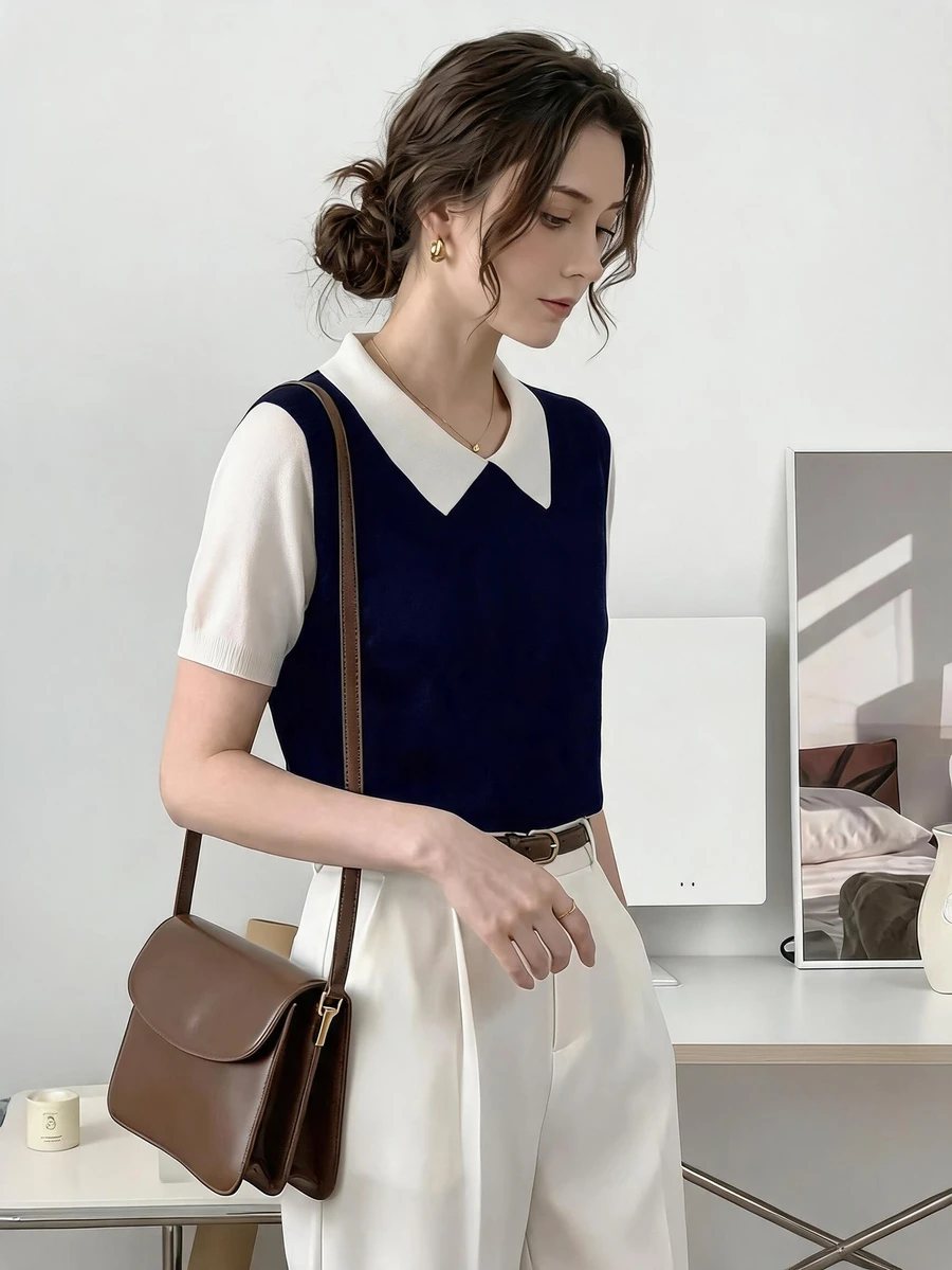 Knit Mix Áo len nữ tay ngắn cổ bẻ phối màu đen trắng, thanh lịch, thời trang xuân hè, thích hợp mặc đi làm hàng ngày hoặc công sở. - trắng - Xem 1