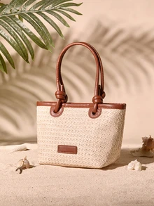 Tropiscape 2024 New Women's Woven Shoulder Crossbody Bag, Large Capacity Beach Vacation Bag, Handheld Commuter Female Bag, Holiday, Woven Bag Cottagecore,SummerOutfit - Beige - View 3