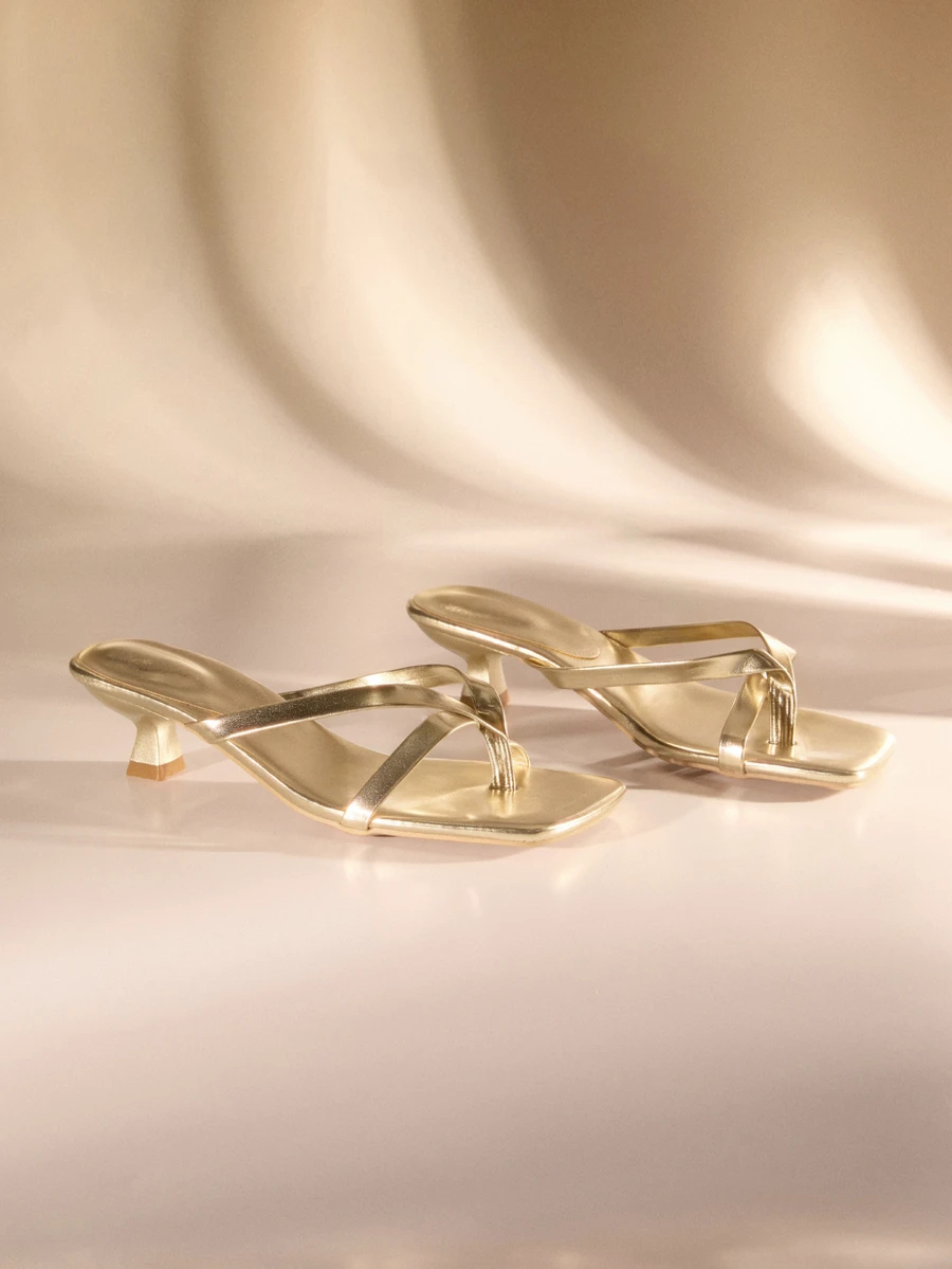 Etoivie Summer New Arrival Women's Solid Color Slippers, Elegant Vacation Shoes, Casual Beach High Heels Sandals, Fashionable Slip-On Heels For Dress Halloween - Gold - View 1