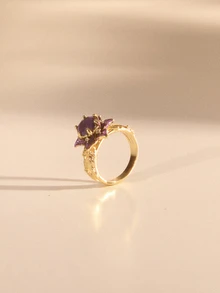 Etoivie 1 pieza Anillo con incrustaciones de circonita púrpura con forma de flor geométrica elegante, accesorio de joyería de moda como regalo para mujeres en fiestas/cumpleaños - anillo - Ver 5
