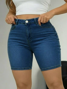 Comfortable Casual Slim Fit Mid-Waist Denim Shorts, Plus Size Design With Pockets, Distressed Wash, Suitable For Spring/Summer - Dark Wash - View 3