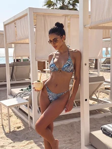 Conjunto de bikini con espalda descubierta y lazos, estampado, Bottom con lazos laterales, tela elástica - Multicolor - Ver 1