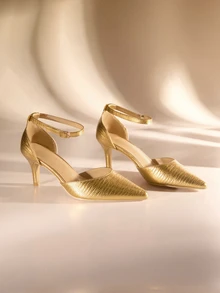 Etoivie Gold Single Buckle Pointed Toe Hollow Out High Heel Shoes For Women - Gold - View 1