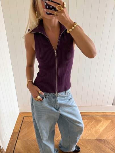 Women's Half Zip Turtleneck Ribbed Knit Top, Sleeveless Solid Color Fitted Sweater Vest
