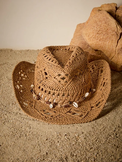 Tropiscape Boho 1pc Women Shell Decor Hollow Out Straw Hat Sun Hat For Women Cowboy Hat Cottagecore,SummerOutfit