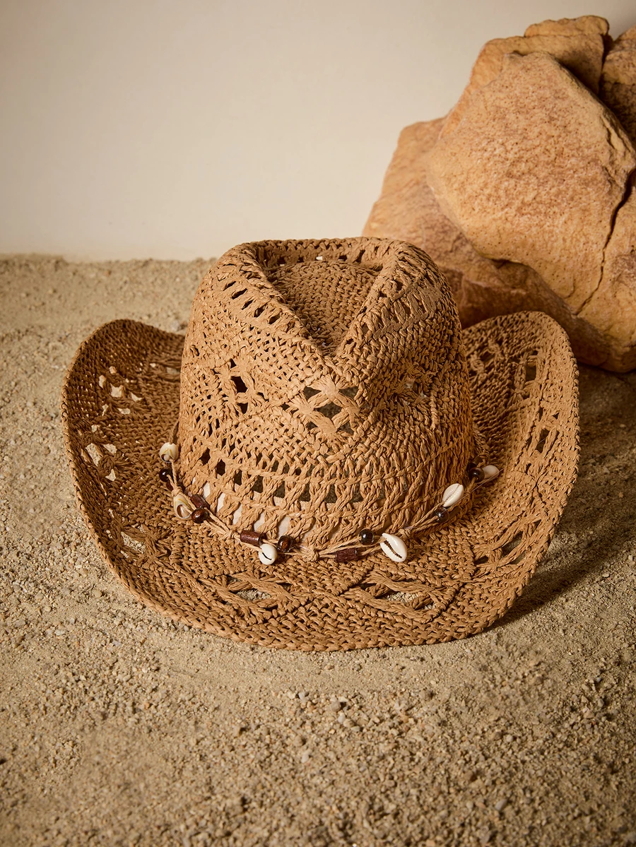 Tropiscape 1 Stück Boho Frauen Muschel Dekor Cut Out Strohhut Sonnenhut für Frauen Cowboyhut Cottagecore, Sommeroutfit - Khaki - Übersicht 1