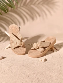 Tropiscape New Spring/Summer European & Korean Fashion Vintage Minimalist Elegant Polka Dot Decor Criss-Cross Strap Beige Sandals, Suitable For Dresses, Beach, Travel, Picnic, Comfortable, Lightweight, Breathable, Easy To Clean. Khaki Open Toe Slides/Summer Shoes/Beach Sandals Cottagecore,SummerOutfit - Camel - View 1