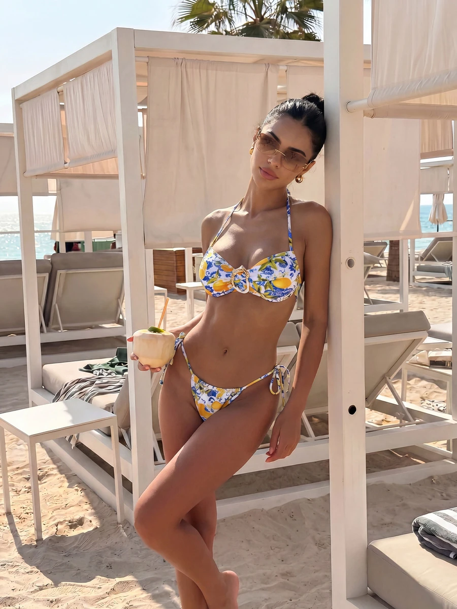 Bộ bikini quây hở lưng dành cho nữ với họa tiết kẹo ngọt ngộ nghĩnh và điểm nhấn nơ, đồ bơi co giãn cao cấp, gợi cảm, thoải mái. - Nhiều màu - Xem 1