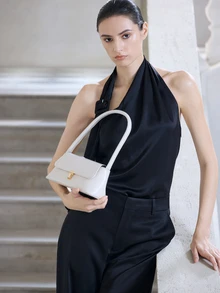 NobleVue Tas Tangan Paris Berbentuk Cangkang Gaya Retro dengan Dekorasi Kunci Logam dari Kulit PU Lembut, Tas Bahu Wanita, Tas Tote Persegi Kecil Baru untuk Wanita - Krem - View 2