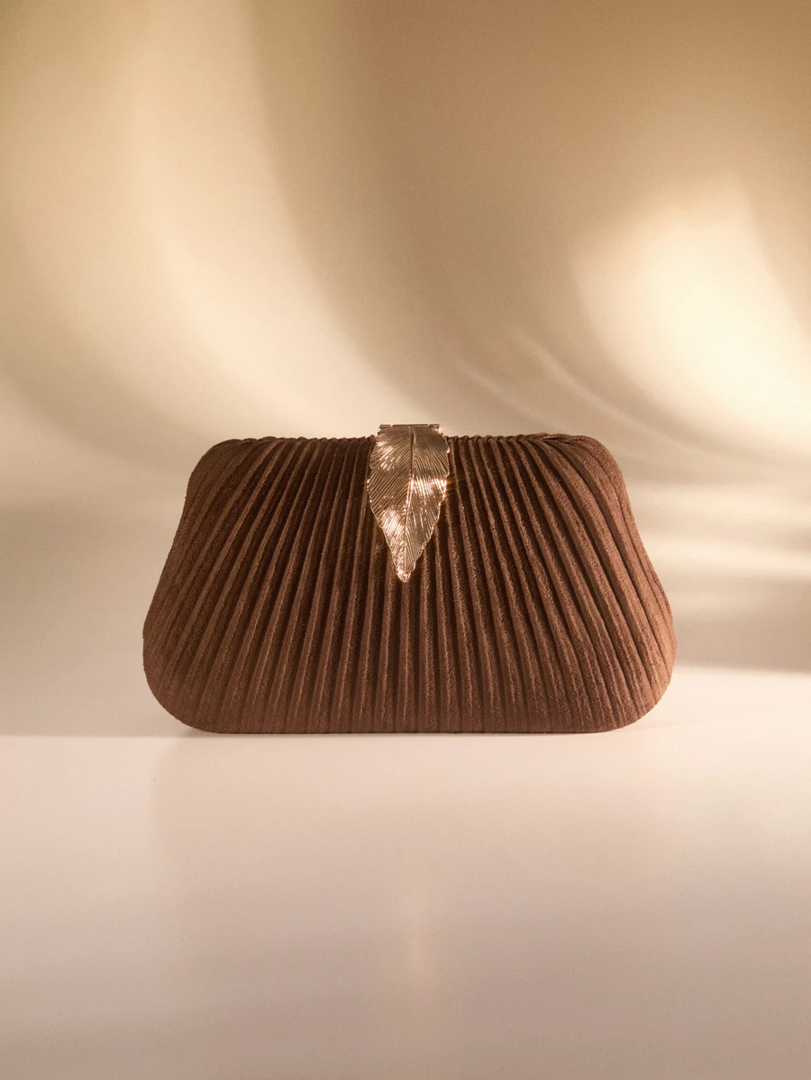 Etoivie 【Shiny Evening Bag】女款巧克力棕色麂皮百褶手拿包，金屬葉片扣飾盒型包，時尚閃亮晚宴單肩/斜跨小方包，適合婚禮、派對、生日、舞會、萬聖節 - 巧克力棕 - 查看 1