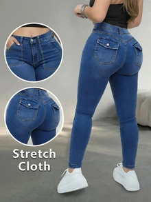 Quần jean nữ dáng ôm, chất liệu denim co giãn vừa phải, dài đến mắt cá chân, có túi cài nút và khóa kéo, thích hợp cho mùa xuân và mùa hè. - Xanh đậm - Xem 2