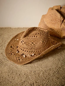 Tropiscape 1 Stück Boho Frauen Muschel Dekor Cut Out Strohhut Sonnenhut für Frauen Cowboyhut Cottagecore, Sommeroutfit - Khaki - Übersicht 3