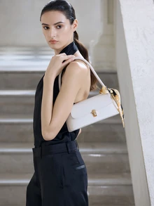 NobleVue Tas Tangan Paris Berbentuk Cangkang Gaya Retro dengan Dekorasi Kunci Logam dari Kulit PU Lembut, Tas Bahu Wanita, Tas Tote Persegi Kecil Baru untuk Wanita - Krem - View 5