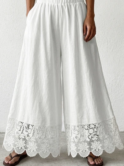 Quần ống rộng ren kiểu Bohemian, quần dài rộng rãi cạp cao cỡ lớn dành cho kỳ nghỉ hè, quần đi biển màu trắng.