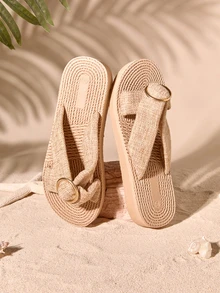 Tropiscape New Spring/Summer European & Korean Fashion Vintage Minimalist Elegant Polka Dot Decor Criss-Cross Strap Beige Sandals, Suitable For Dresses, Beach, Travel, Picnic, Comfortable, Lightweight, Breathable, Easy To Clean. Khaki Open Toe Slides/Summer Shoes/Beach Sandals Cottagecore,SummerOutfit - Camel - View 2
