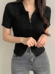 女款夏季休閒純色翻領拉鍊短袖針織開襟外套 黑色 - 黑色 - 查看 3