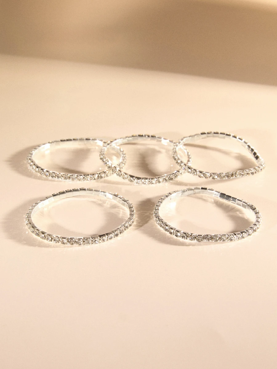 Etoivie 5 piezas de pulseras elásticas ajustables con cuentas brillantes de diamantes de imitación y estilo de fiesta, regalos ideales para mujeres - Plateado - Ver 1