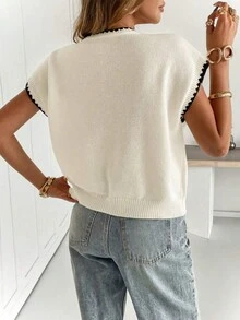 Women's Casual Loose Round Neck Colorblock Sleeveless Textured Knit Top, Summer White - White - View 2