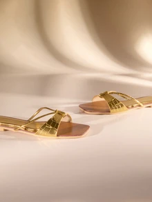 Etoivie Glamorous Gold Slide Sandals For Women, Crocodile Embossed Knot Decor Sandals,Spring Summer Outfits - Gold - View 2