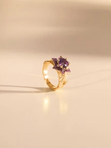 Etoivie 1 pieza Anillo con incrustaciones de circonita púrpura con forma de flor geométrica elegante, accesorio de joyería de moda como regalo para mujeres en fiestas/cumpleaños - anillo - Ver 1