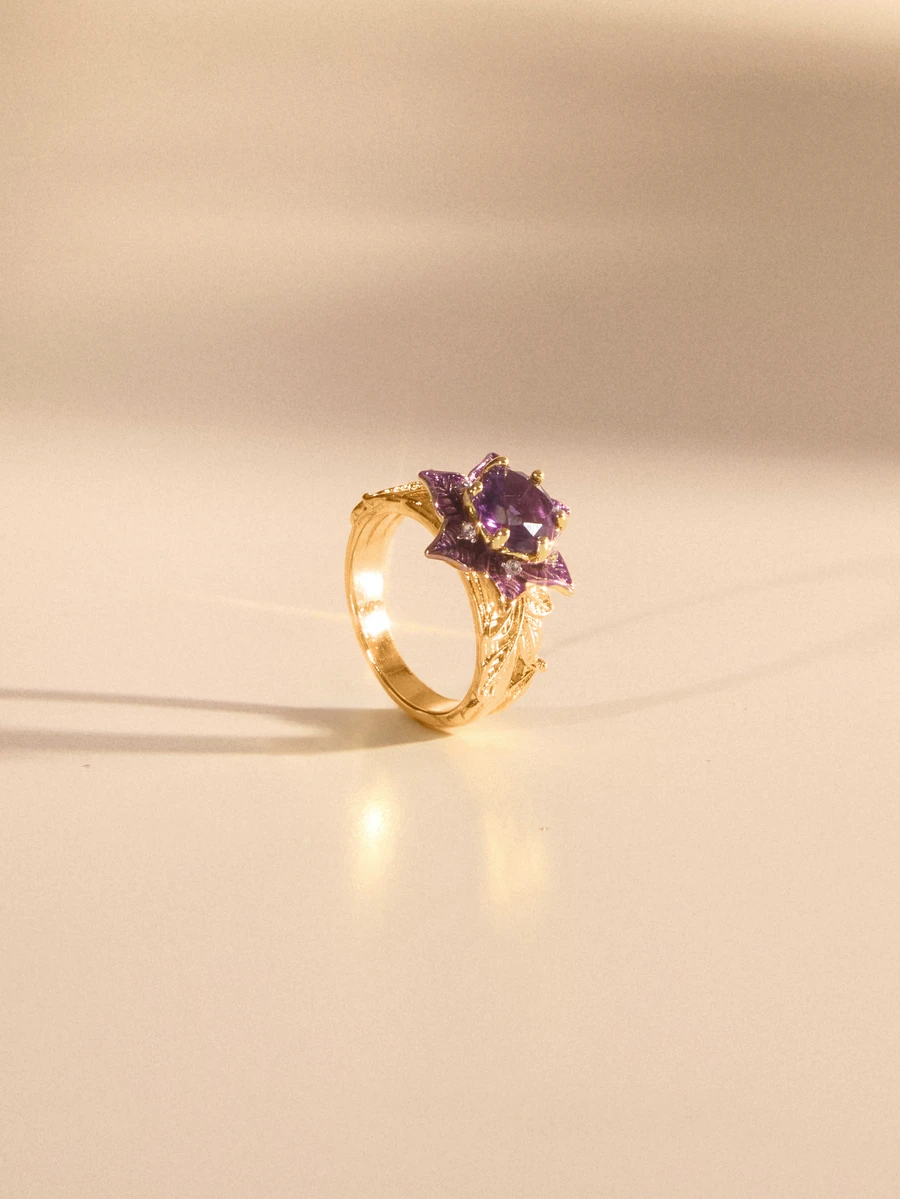 Etoivie 1 pieza Anillo con incrustaciones de circonita púrpura con forma de flor geométrica elegante, accesorio de joyería de moda como regalo para mujeres en fiestas/cumpleaños - anillo - Ver 1